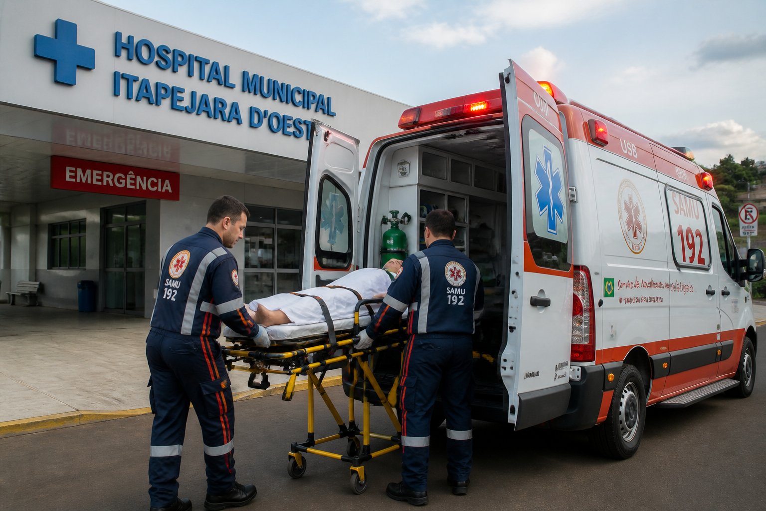 Ambulância em Itapejara d'Oeste: Serviços de Emergência Médica e Atendimento Rápido na Região Ambulância estacionada em frente a um hospital em Itapejara d'Oeste com paramédicos atendendo um paciente em uma maca.