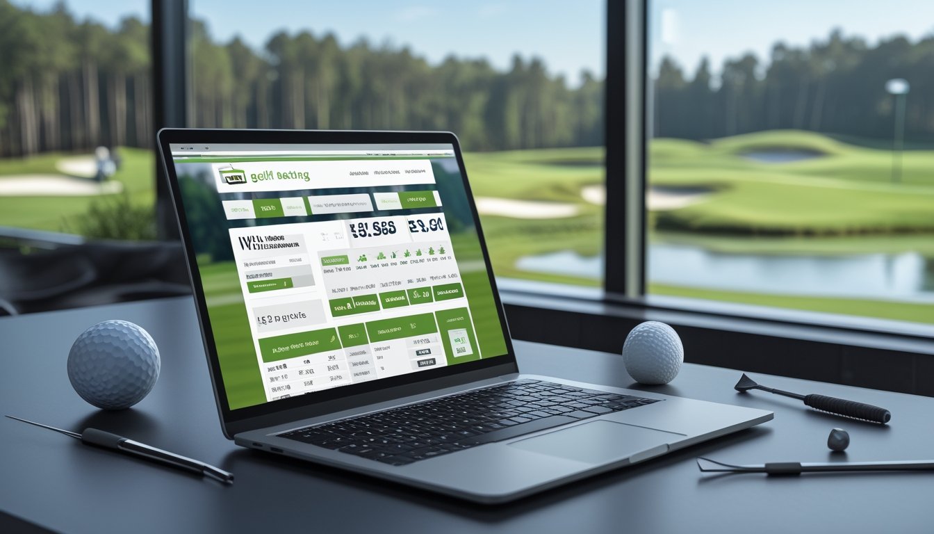 Seorang pria menggunakan laptop di meja dengan perlengkapan golf di sekitarnya dan pemandangan lapangan golf di latar belakang.