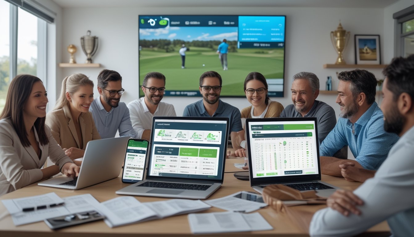 Sekelompok orang sedang menggunakan perangkat elektronik untuk taruhan golf online dengan latar belakang turnamen golf yang sedang berlangsung.