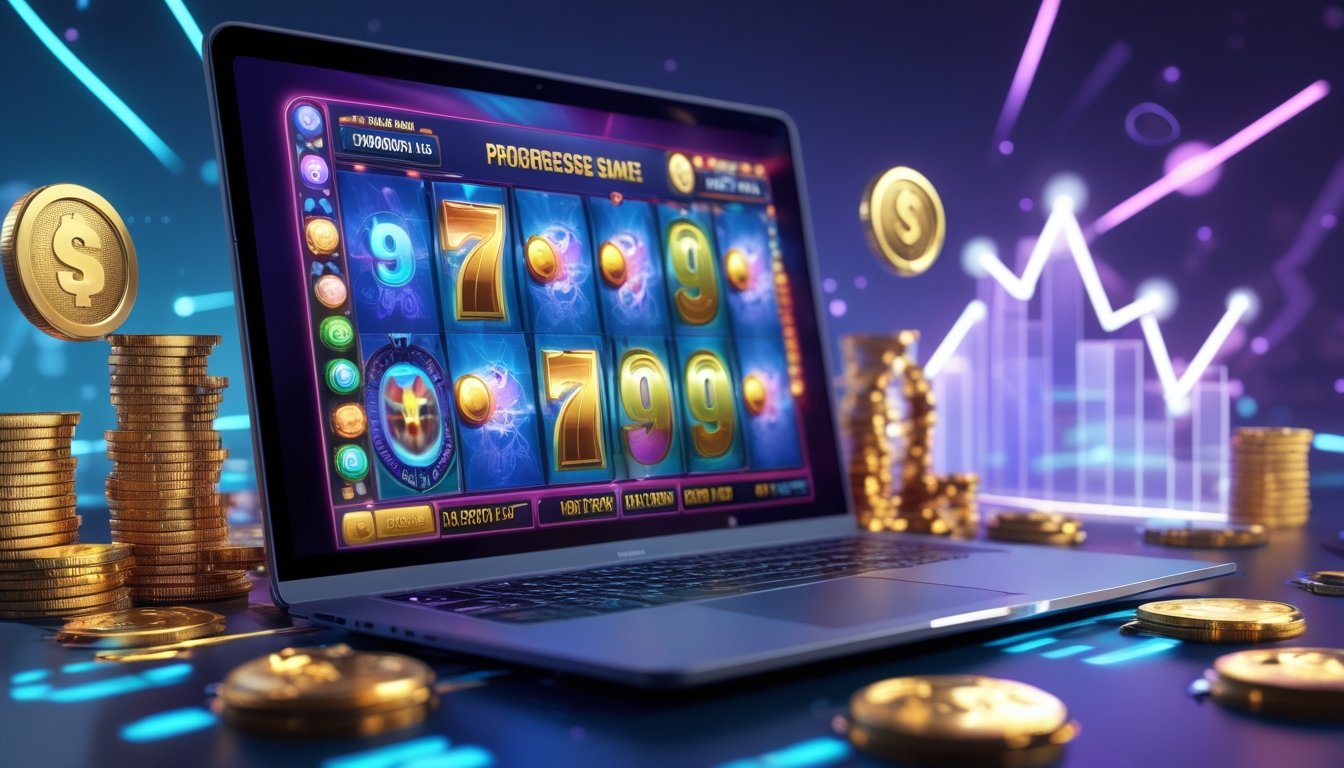 Layar komputer menampilkan permainan slot online dengan simbol koin dan grafik pertumbuhan jackpot progresif.