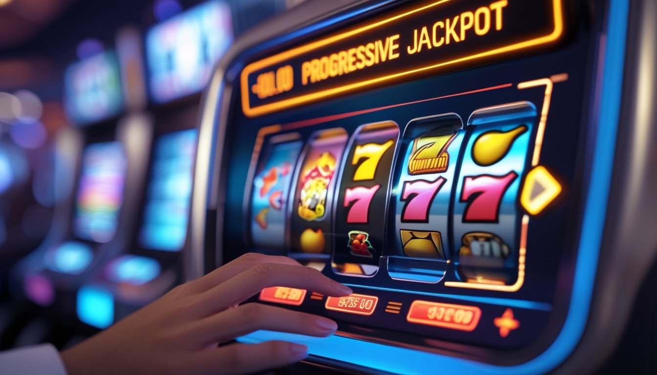 Layar perangkat digital menampilkan mesin slot online dengan simbol warna-warni dan meter jackpot progresif yang menyala, tangan sedang menyentuh layar.