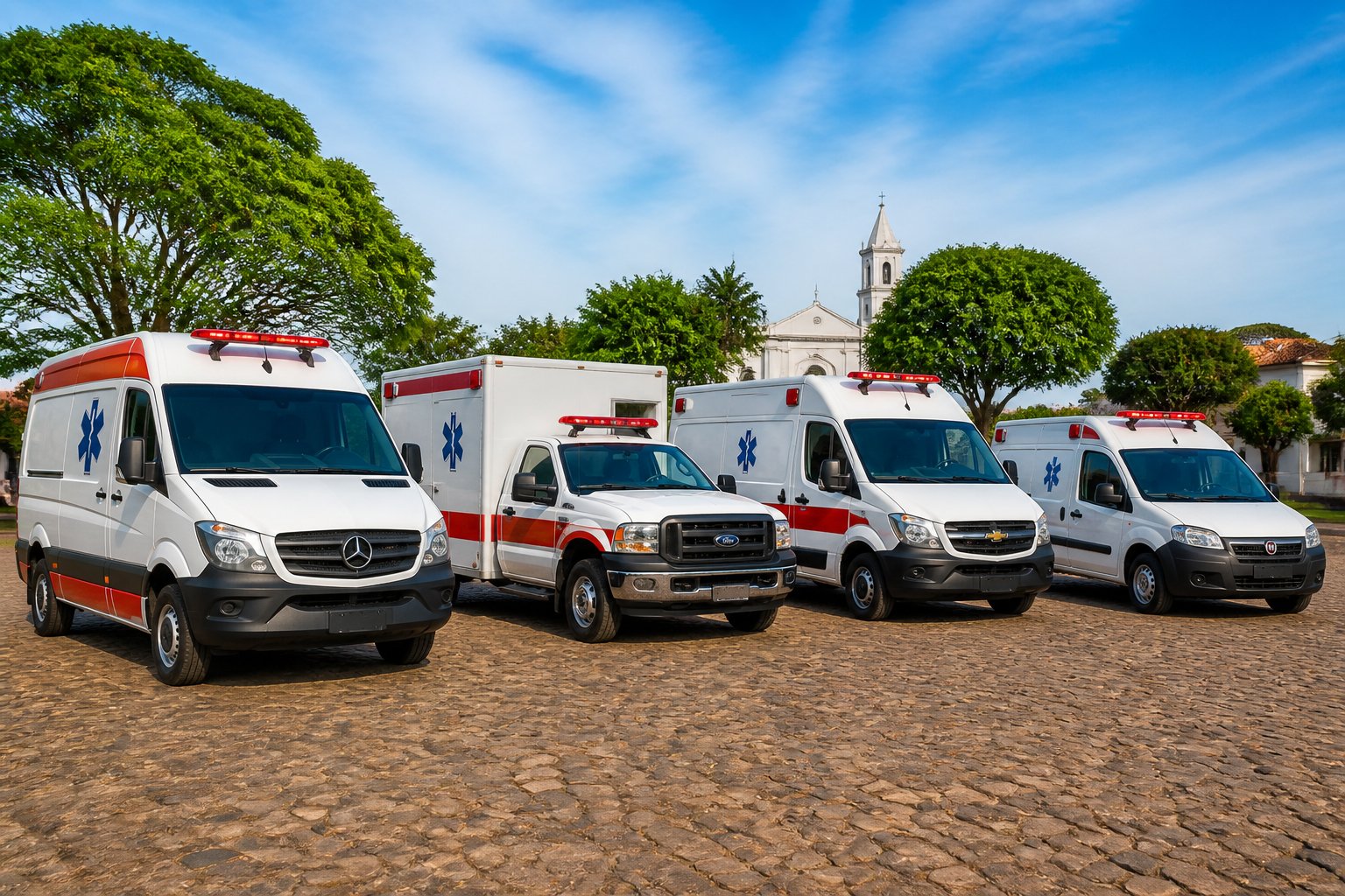 Diversos tipos de ambulâncias estacionadas ao ar livre em Reserva do Iguaçu, com céu claro e elementos urbanos ao fundo.