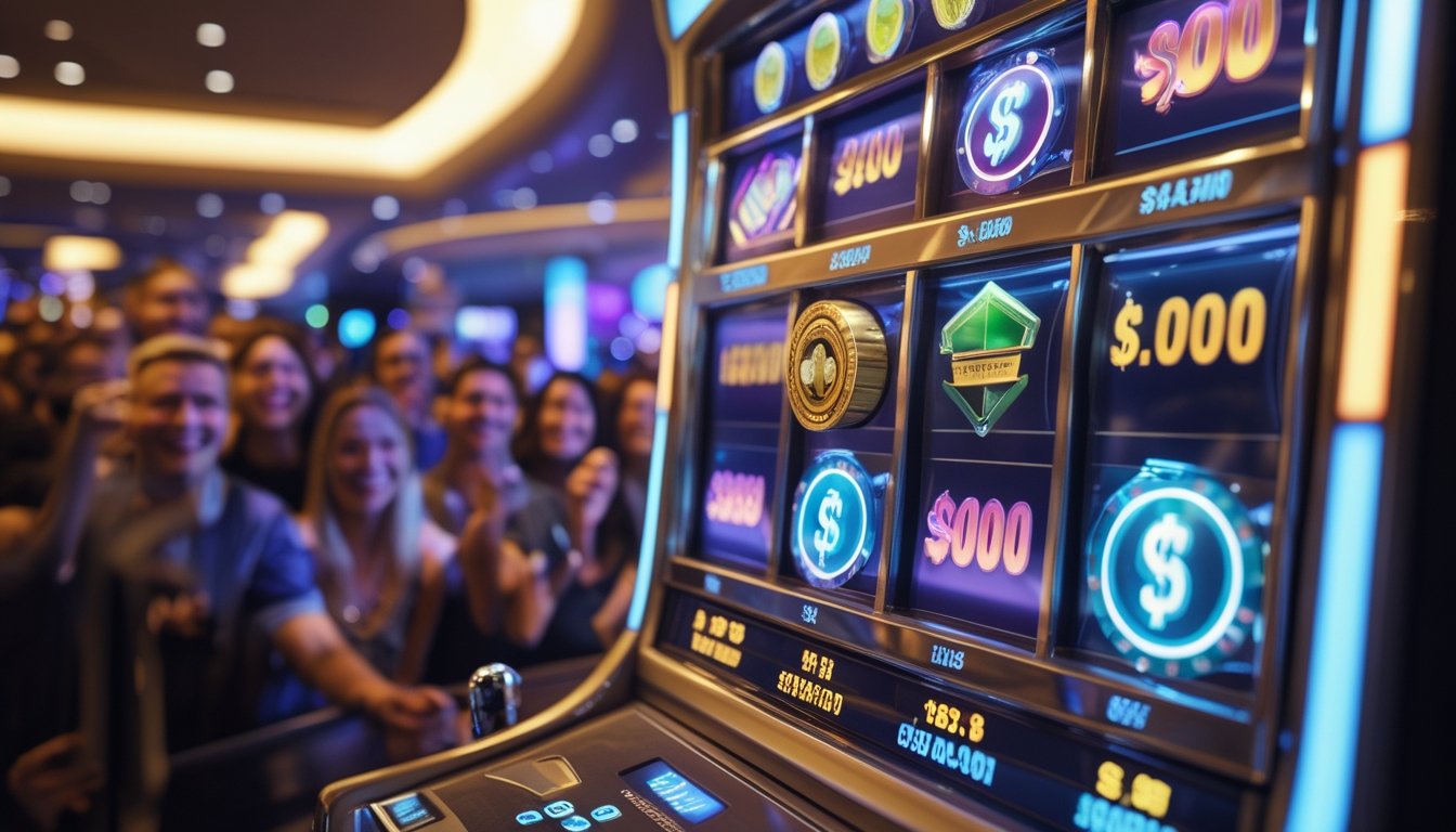 Mesin slot progresif yang menyala dengan angka jackpot yang meningkat dan orang-orang yang menonton dengan antusias di latar belakang.