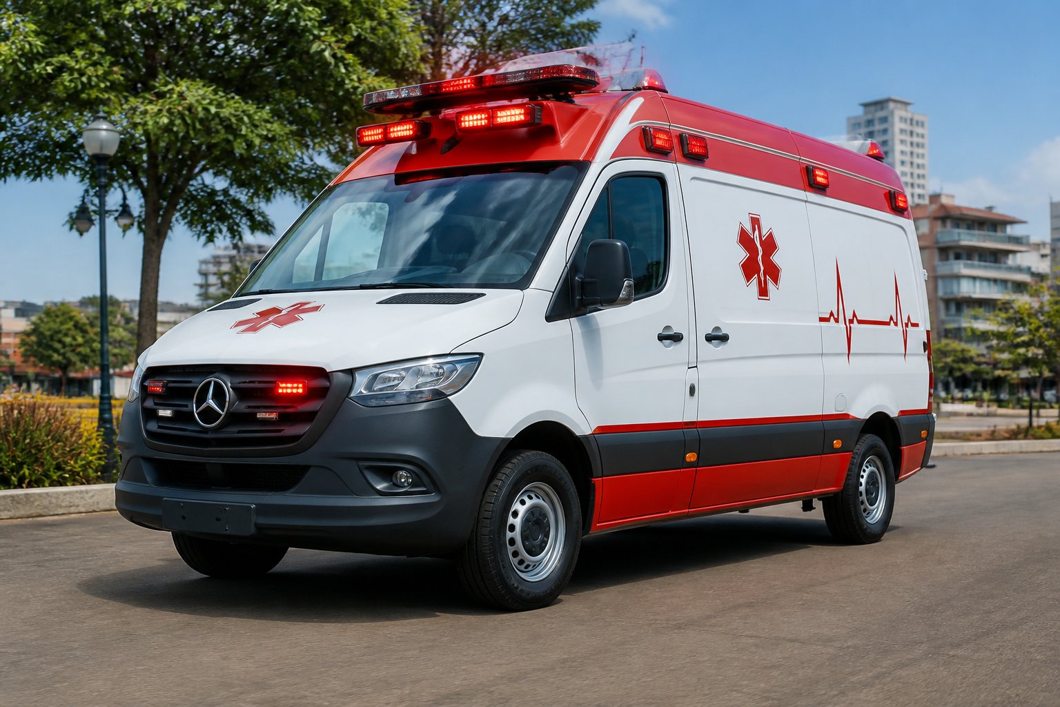 Ambulância nova estacionada em área urbana de Reserva do Iguaçu, com árvores e prédios ao fundo.