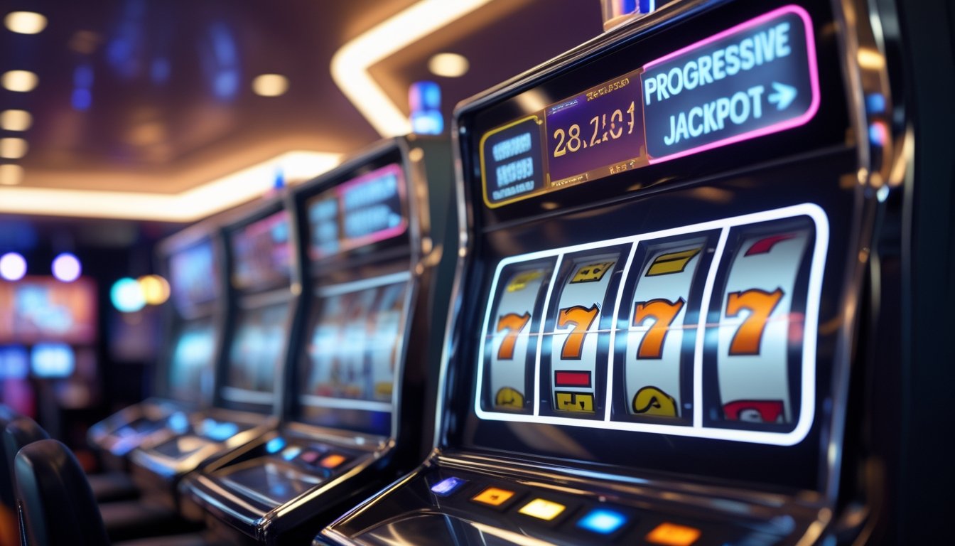 Mesin slot modern dengan tampilan jackpot progresif yang meningkat di latar kasino yang terang dan ramai.