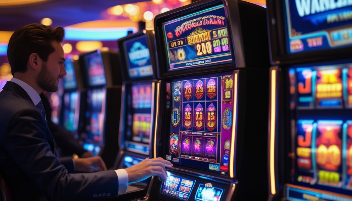 Seorang pemain di kasino menggunakan mesin slot digital dengan tampilan jackpot progresif yang menyala.