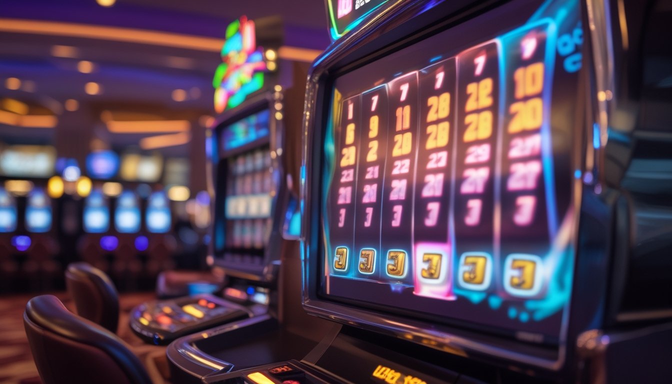 Mesin slot digital di kasino dengan layar yang menampilkan fitur jackpot progresif dan lampu berwarna-warni yang menyala.