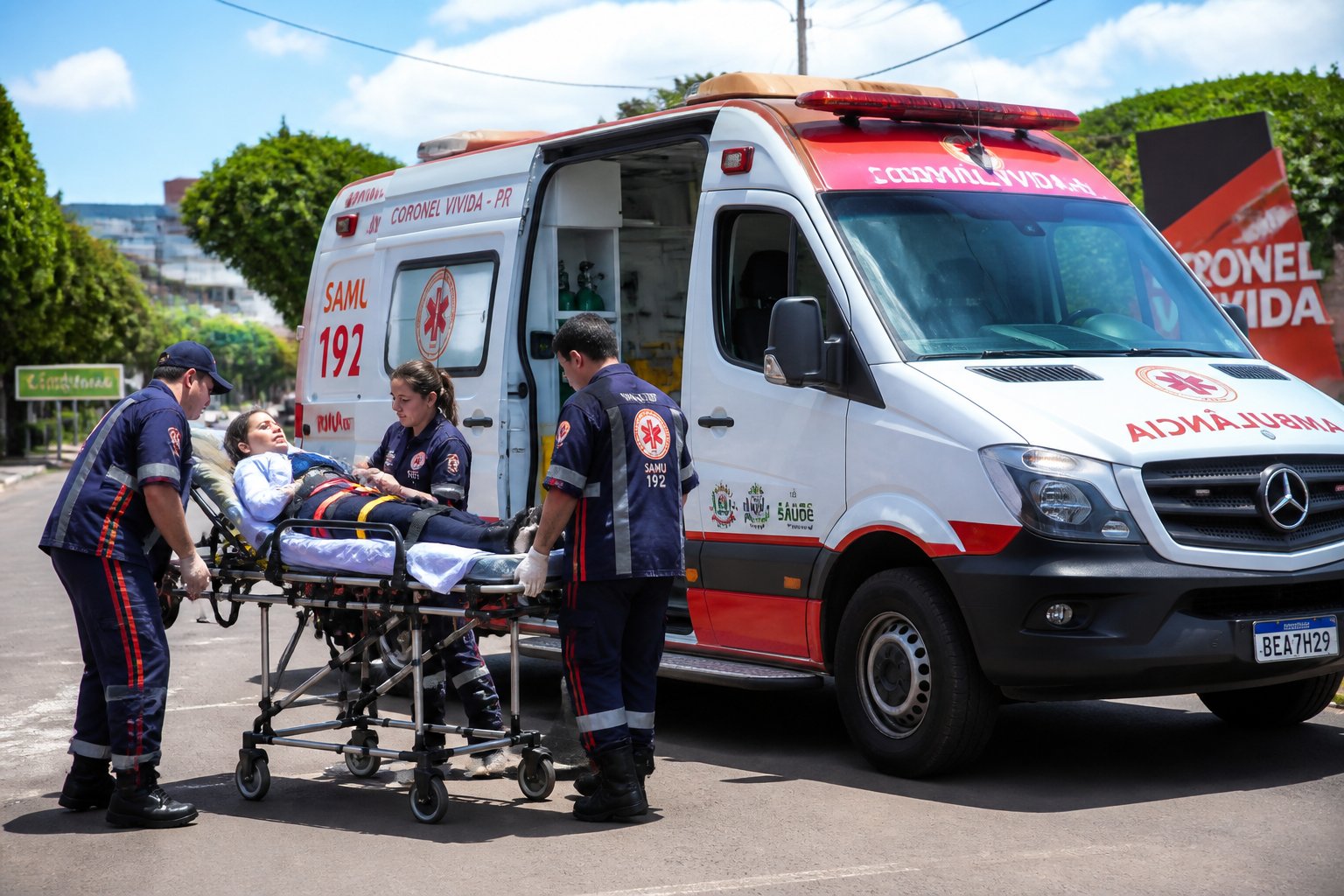 Ambulância estacionada em rua de Coronel Vivida com paramédicos atendendo paciente em maca.