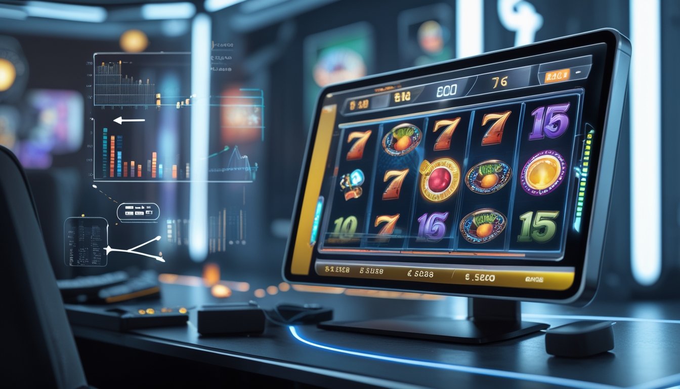 Layar komputer menampilkan mesin slot digital dengan simbol jackpot dan grafik pertumbuhan di latar belakang.