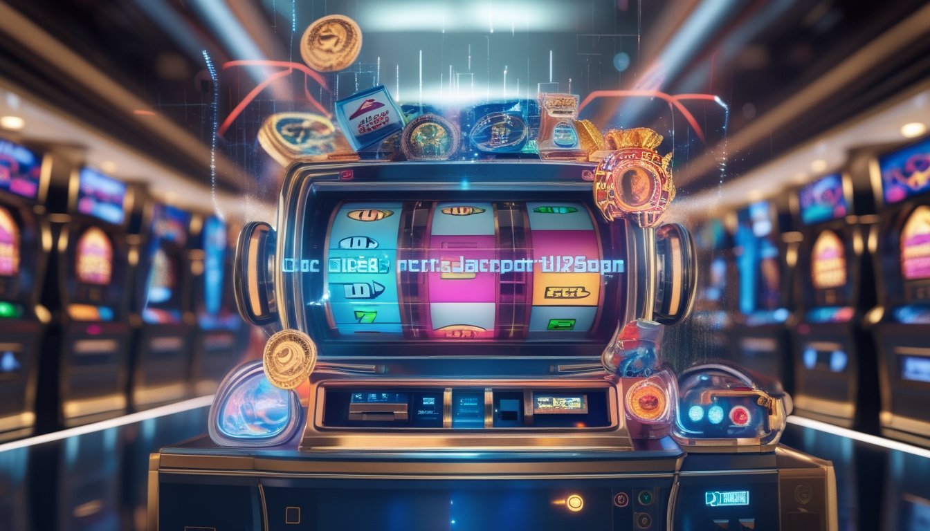 Mesin slot digital modern dengan tampilan jackpot progresif yang meningkat, dikelilingi oleh simbol-simbol permainan slot klasik dan grafik teknologi.
