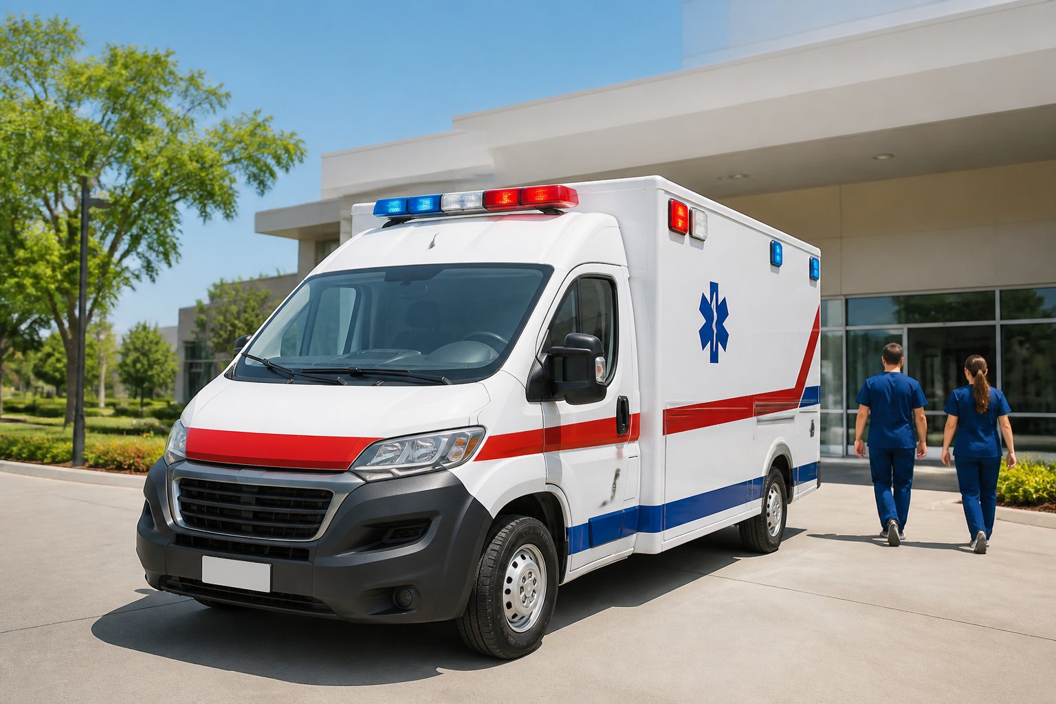 Ambulância moderna estacionada em frente a uma unidade de saúde em Coronel Vivida durante o dia.