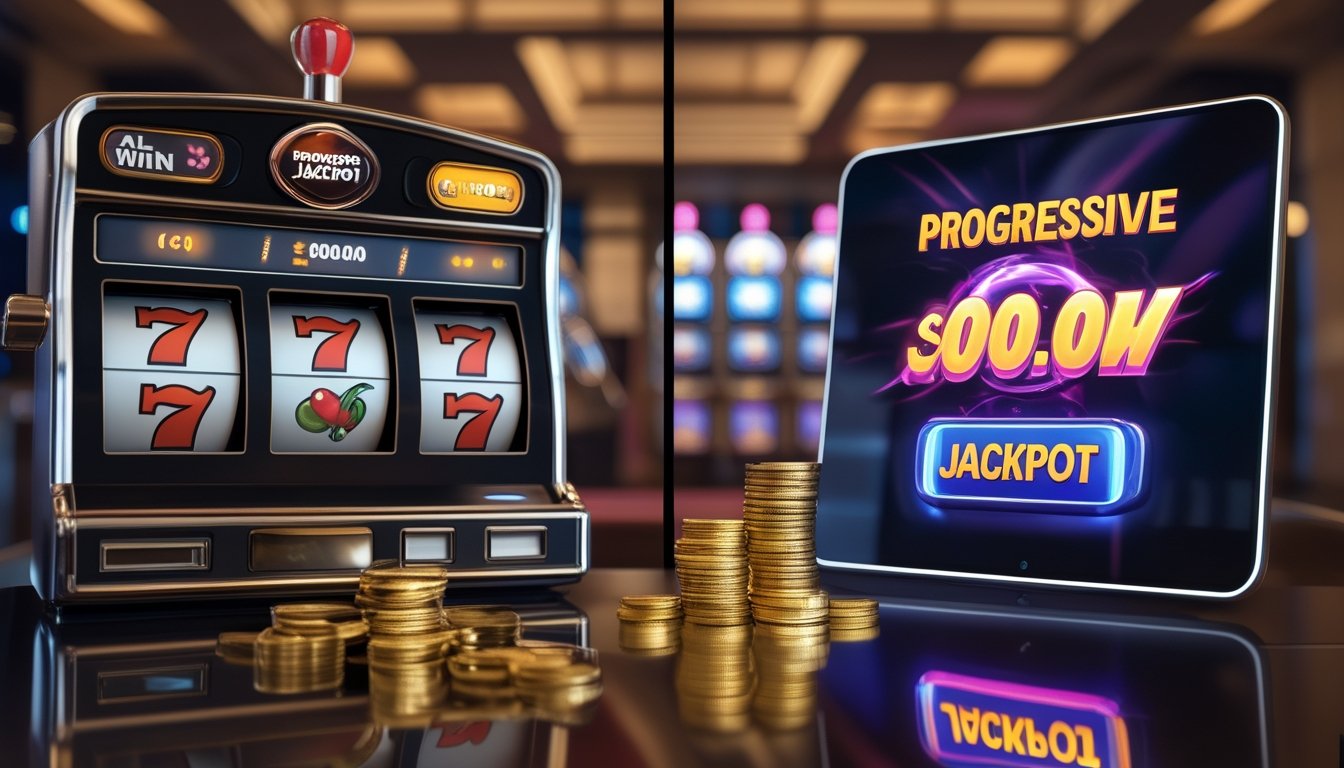 Gambar dua jenis mesin slot berdampingan, satu mesin slot tradisional dengan koin dan satu layar ponsel menampilkan jackpot progresif besar.
