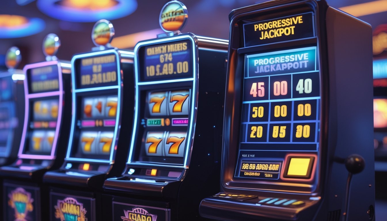 Dua mesin slot berdampingan di kasino, satu mesin slot biasa dengan simbol klasik, dan satu mesin slot jackpot progresif dengan meter jackpot yang menyala.