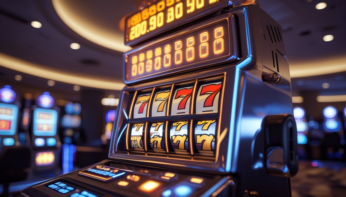 Mesin slot digital modern dengan gulungan berwarna-warni yang sedang berputar dan meter jackpot besar yang menunjukkan angka yang meningkat di latar kasino.