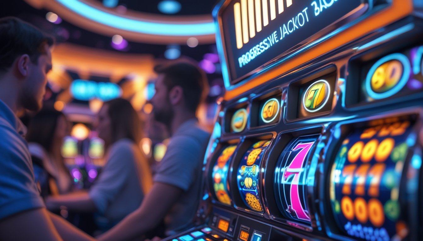 Mesin slot modern dengan gulungan berwarna-warni dan indikator jackpot progresif yang meningkat, dengan pemain di latar belakang kasino.