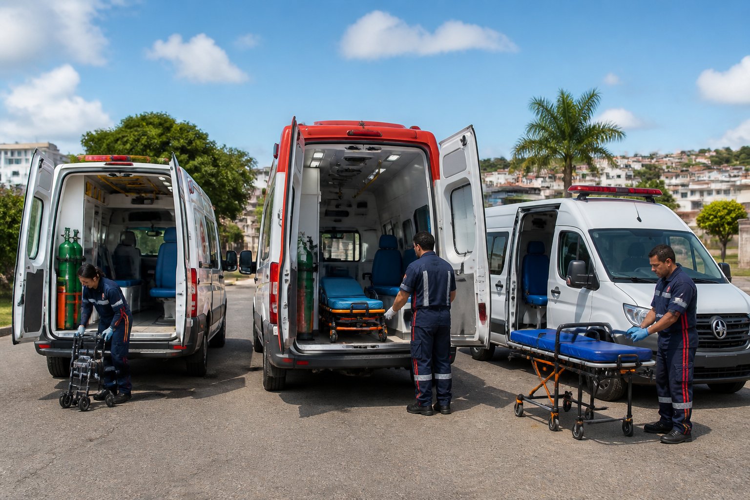 Ambulância em Honório Serpa: Serviços de Atendimento Emergencial e Transporte Médico na Região Vários tipos de ambulâncias estacionadas ao ar livre em Honório Serpa, com paramédicos próximos e um ambiente urbano ao fundo.