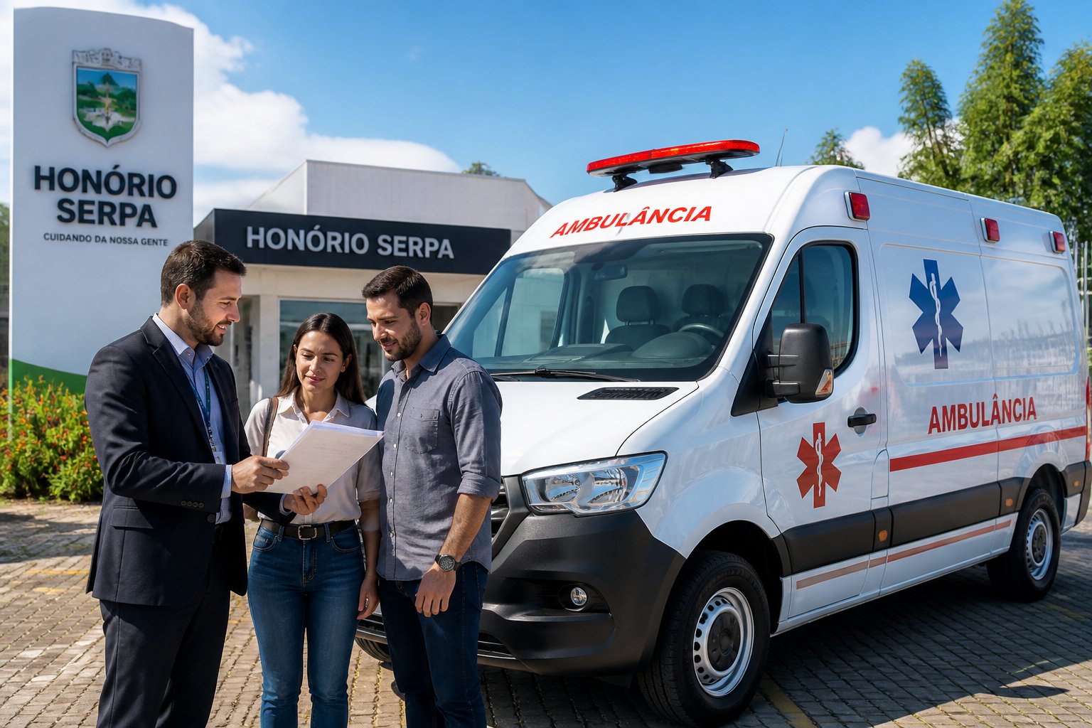 Ambulância em Honório Serpa: Serviços de Atendimento Emergencial e Transporte Médico na Região Pessoas conversando perto de uma ambulância nova estacionada em frente a um prédio em Honório Serpa.