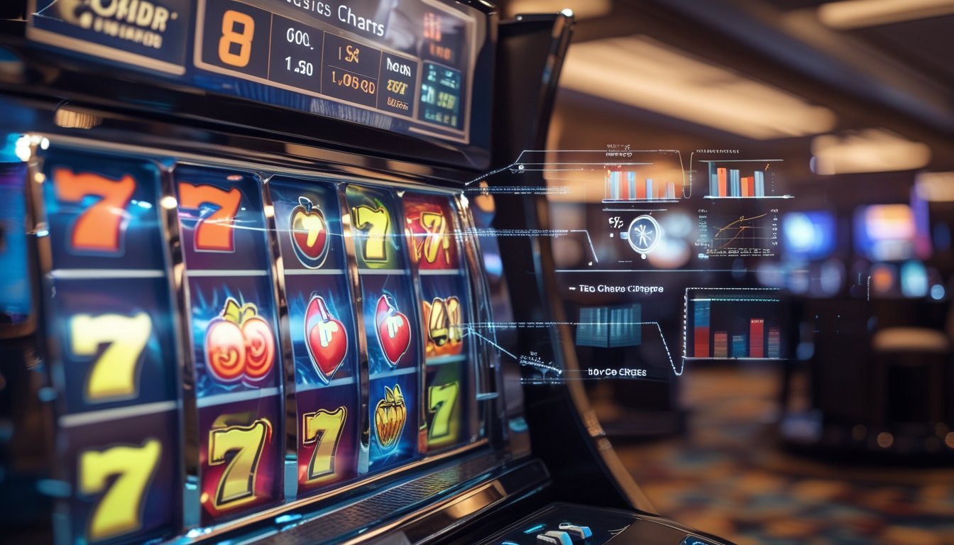Mesin slot modern dengan gulungan berwarna-warni yang berputar di latar kasino yang terang dan grafik data digital di latar belakang.