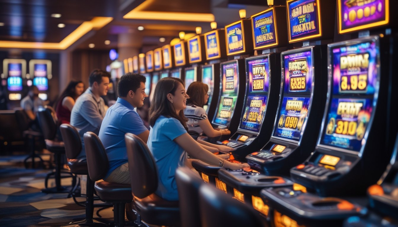 Area kasino dengan mesin slot yang menampilkan jackpot progresif dan orang-orang bermain dengan antusias.