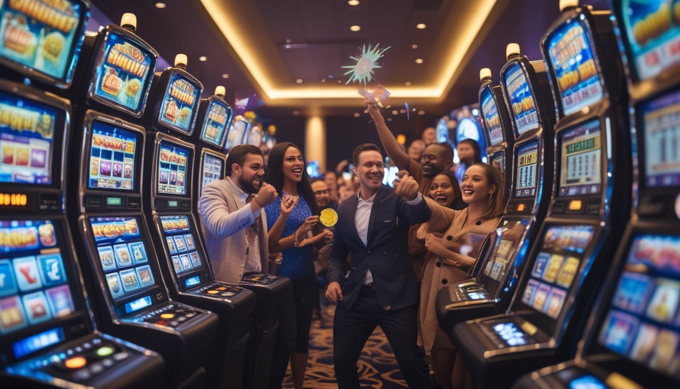 Beberapa orang bermain mesin slot di kasino dengan suasana cerah dan mesin yang menampilkan jackpot progresif.