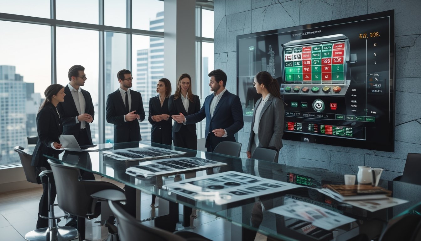 Sekelompok profesional bisnis berdiskusi di ruang kantor dengan laptop dan grafik tentang mekanisme slot progressive jackpot.