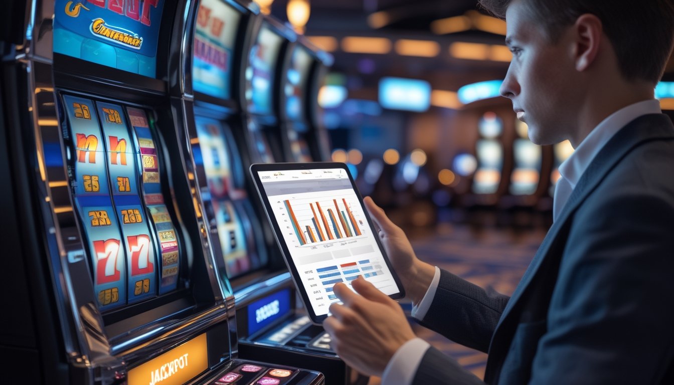 Seorang pria fokus melihat mesin slot progresif di kasino dengan latar belakang mesin slot lainnya.
