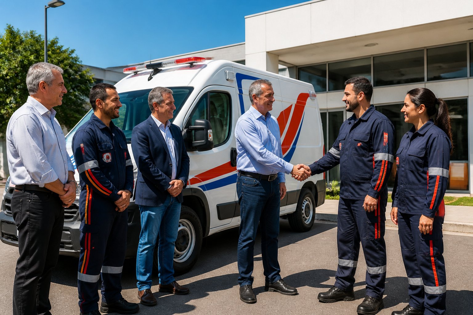 Ambulância em União da Vitória: Serviços de Emergência Médica e Transporte Hospitalar na Região Ambulância nova estacionada em frente a um prédio com paramédicos e autoridades reunidos ao redor, celebrando a entrega do veículo em União da Vitória.