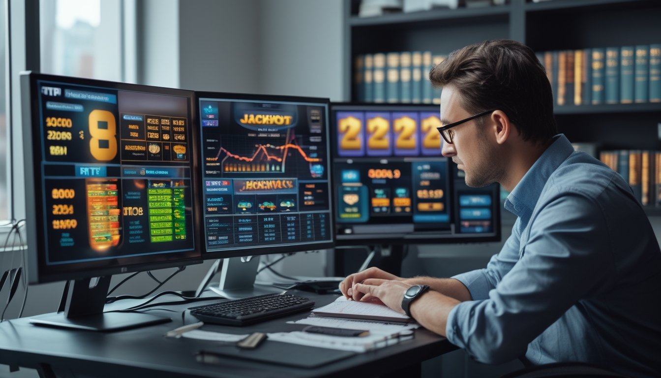 Seorang analis data sedang bekerja di depan beberapa monitor komputer yang menampilkan grafik dan statistik terkait permainan slot jackpot progresif di sebuah kantor modern.