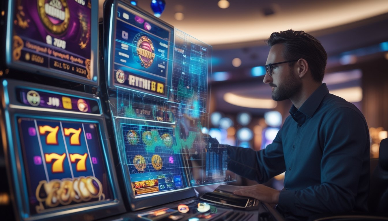 Seorang analis sedang melihat grafik dan data di layar digital di depan mesin slot progresif di kasino.