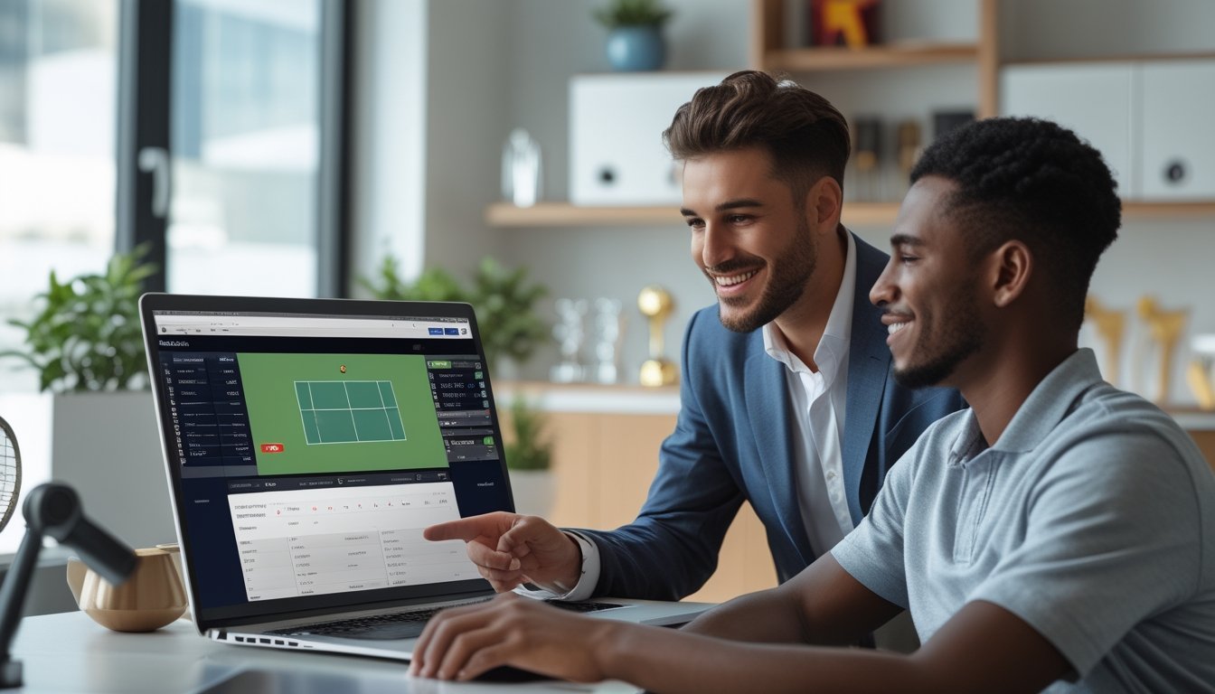 Seorang agen layanan pelanggan sedang membantu klien dengan laptop yang menampilkan pertandingan tenis, di sebuah kantor modern.