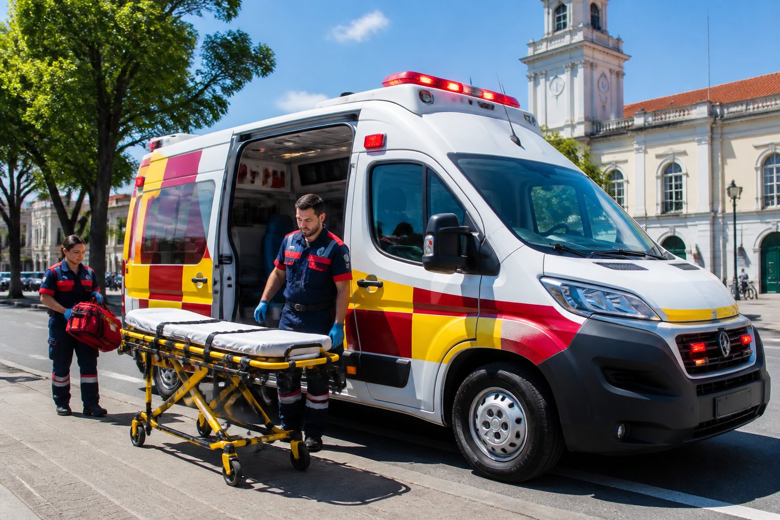 Ambulância em Palmeira: Serviços de Emergência Médica e Transporte de Pacientes na Região Ambulância branca com luzes de emergência estacionada em uma rua de Palmeira, com paramédicos próximos e prédios ao fundo.