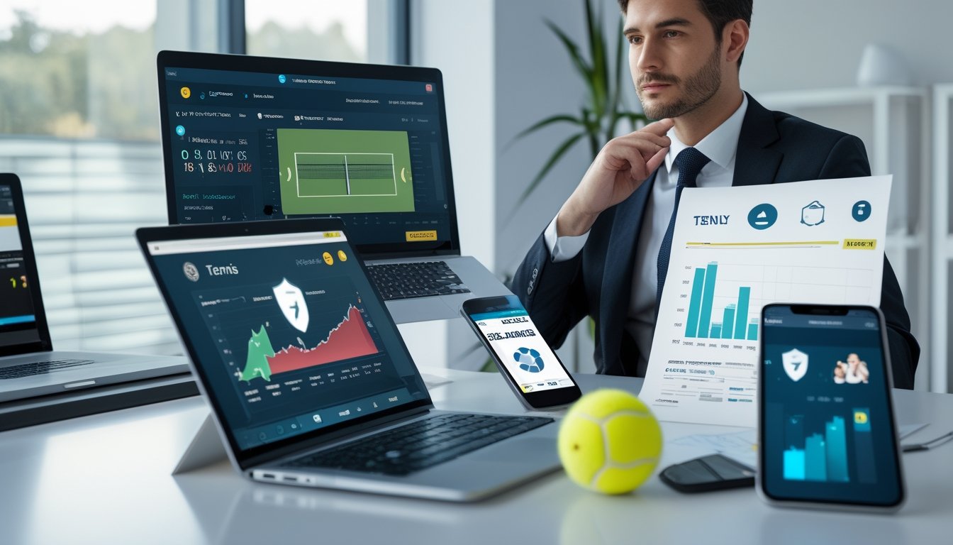 Seorang profesional duduk di meja kantor modern dengan perangkat digital yang menampilkan data taruhan tenis, sedang menganalisis informasi dengan serius.