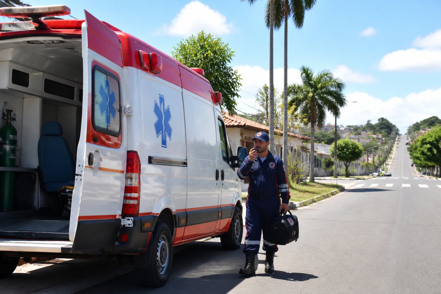 Ambulância em Palmeira: Serviços de Emergência Médica e Transporte de Pacientes na Região Ambulância do SAMU 192 estacionada em uma rua de Palmeira, com um paramédico ao lado e casas ao fundo.