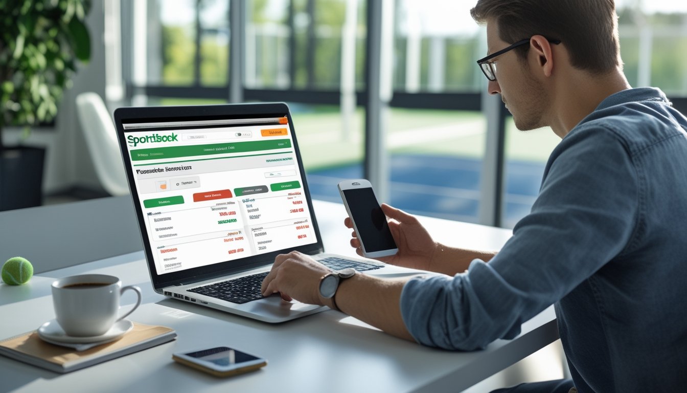 Seorang pria muda duduk di meja dengan laptop dan ponsel, melihat situs taruhan tenis online di ruangan terang dengan jendela yang memperlihatkan lapangan tenis di luar.