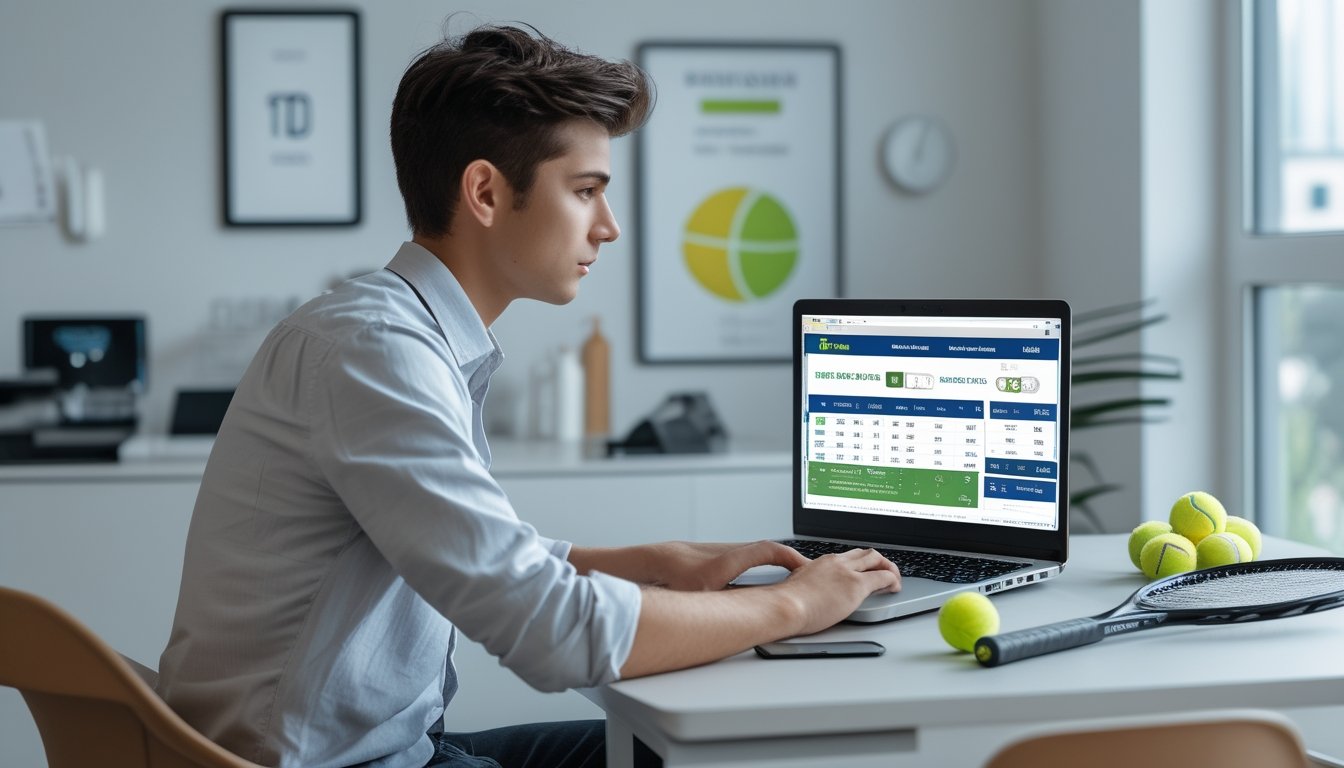 Seorang pria muda duduk di meja dengan laptop yang menampilkan situs taruhan tenis online, di sampingnya terdapat raket dan bola tenis.