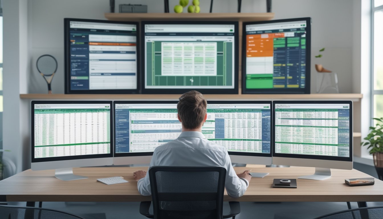 Seorang profesional sedang menganalisis data taruhan tenis di depan beberapa layar komputer di kantor modern.