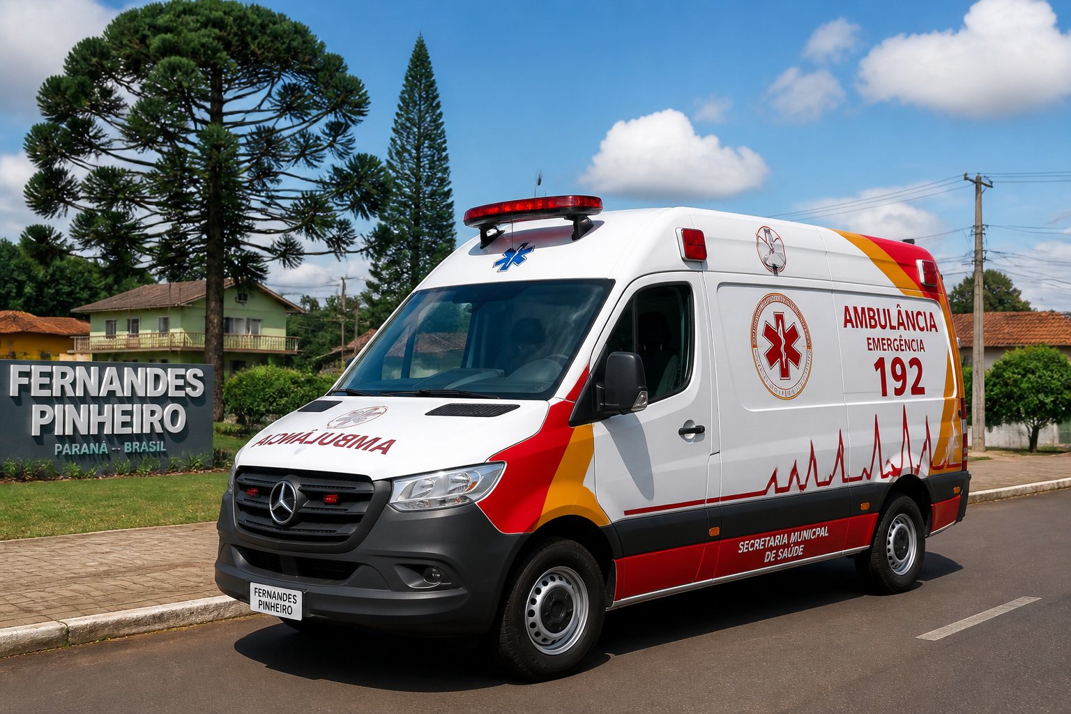 Ambulância em Fernandes Pinheiro: Serviços de Emergência Médica e Transporte Disponíveis na Região Ambulância branca com marcações de emergência estacionada em uma rua de Fernandes Pinheiro, com árvores e casas ao fundo.