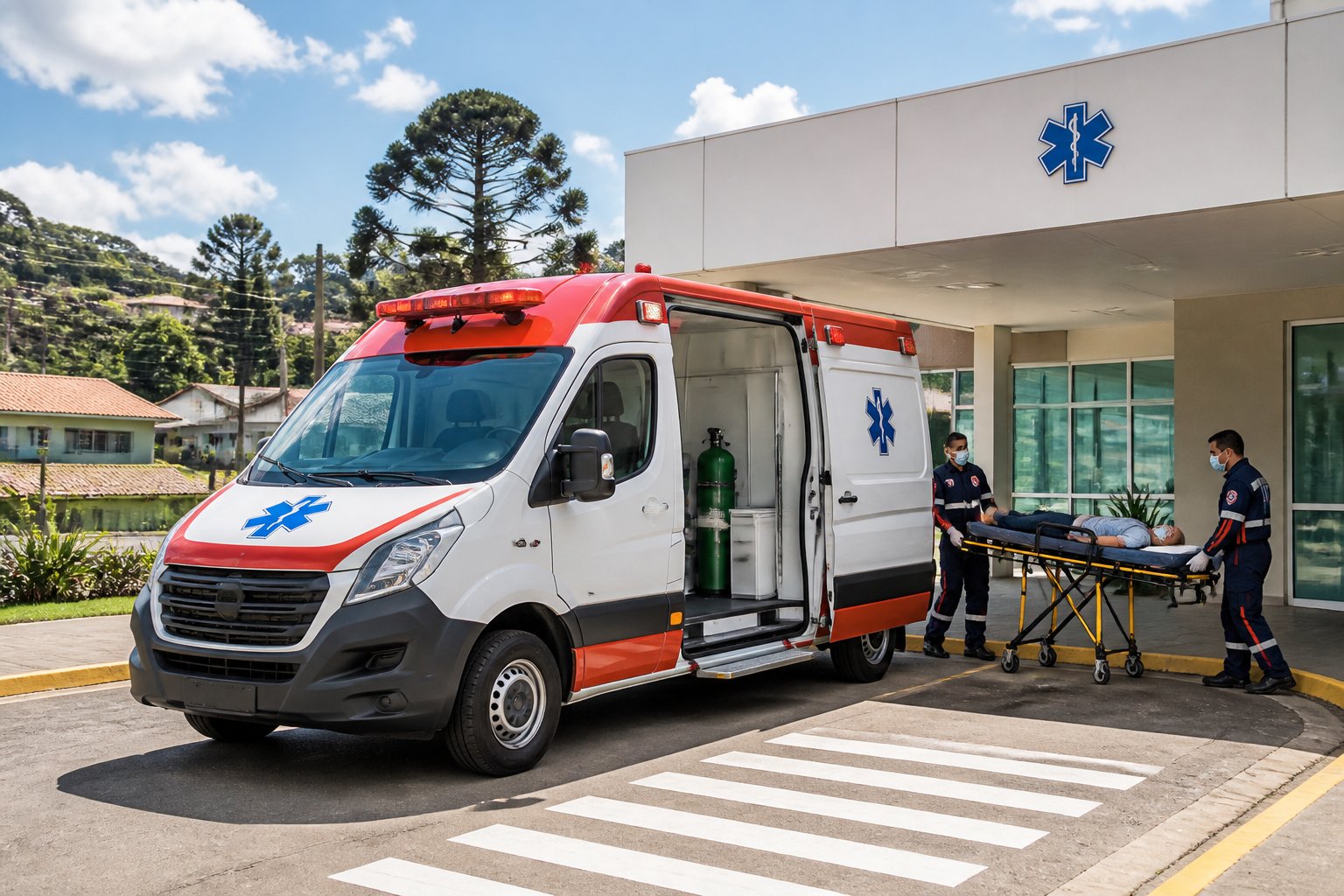 Ambulância em Fernandes Pinheiro: Serviços de Emergência Médica e Transporte Disponíveis na Região Ambulância estacionada fora de uma unidade de saúde com paramédicos preparando equipamentos para atendimento de emergência.