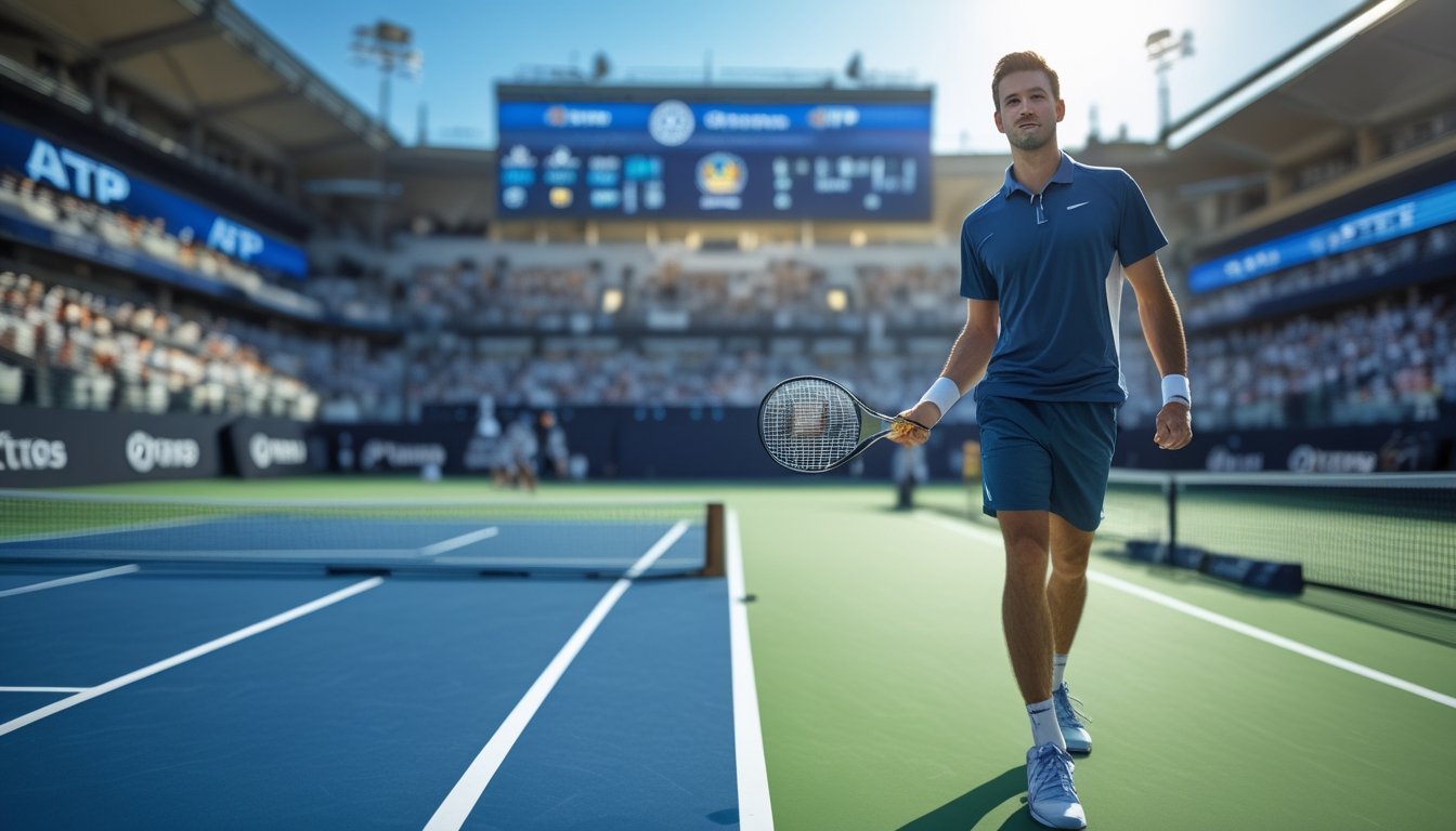 Seorang pemain tenis pria sedang bersiap melakukan servis di lapangan tenis dengan latar belakang stadion dan penonton.