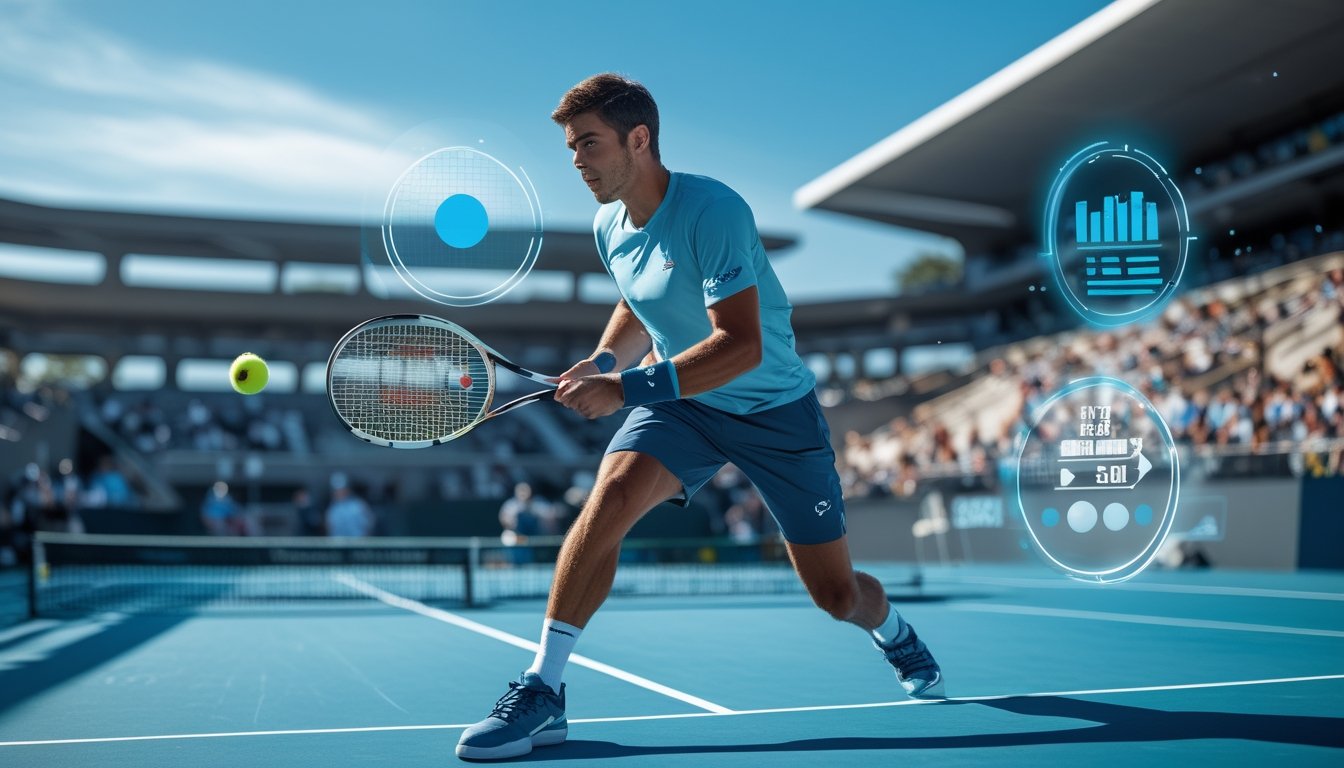 Seorang pemain tenis pria sedang bersiap memukul bola di lapangan tenis dengan penonton di latar belakang.