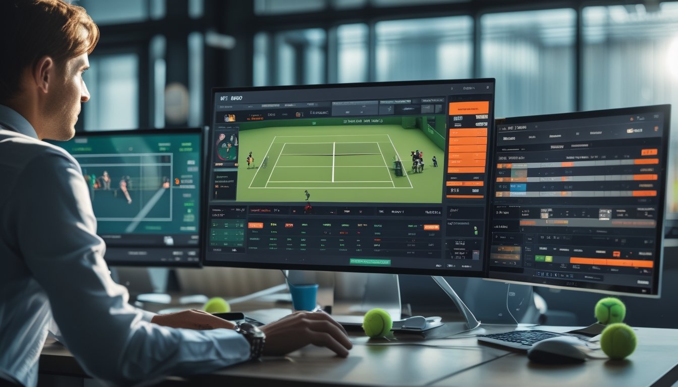 Seorang pria menggunakan beberapa perangkat digital untuk memasang taruhan tenis secara langsung dengan tampilan pertandingan tenis dan data taruhan waktu nyata di layar.