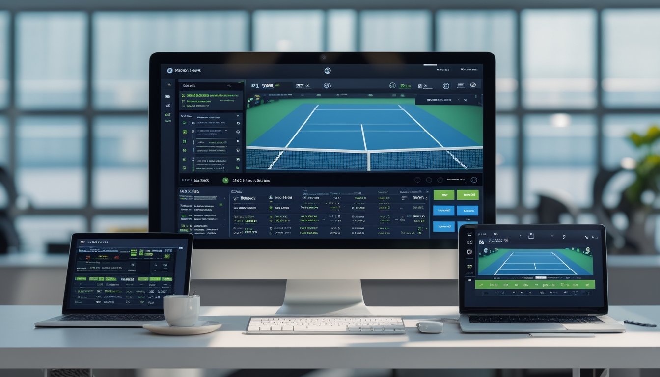 Seorang pria sedang menggunakan komputer dan perangkat digital untuk memasang taruhan langsung pada pertandingan tenis secara online.