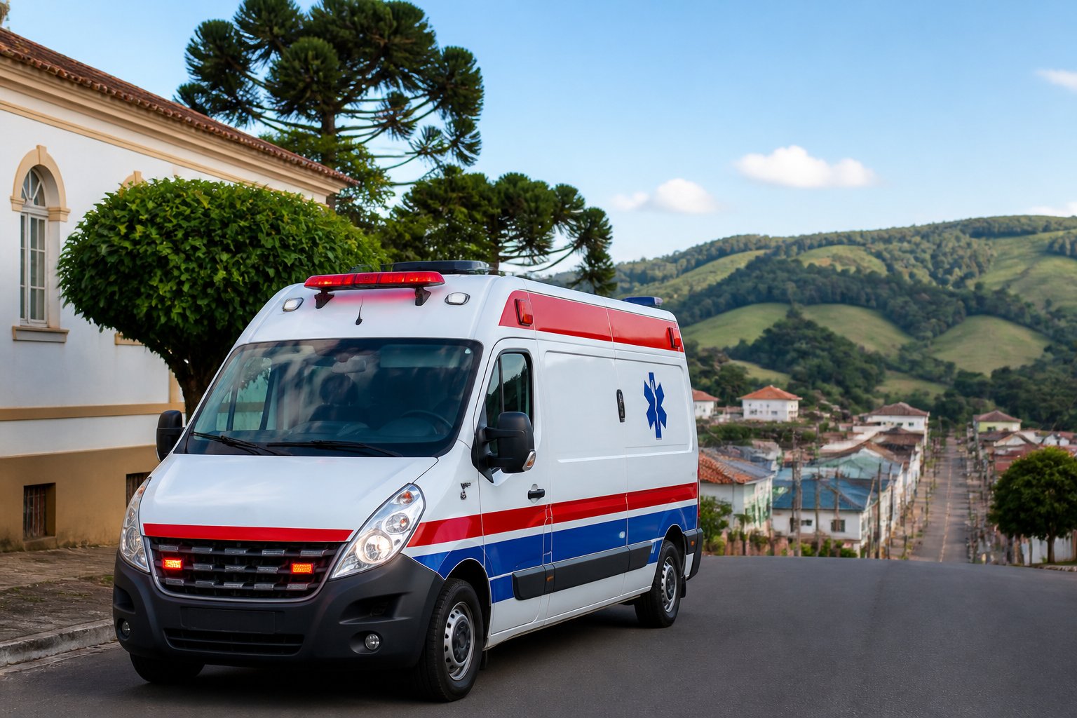 Ambulância em Teixeira Soares: Serviços de Emergência e Transporte Médico na Região Ambulância branca com marcações vermelhas e azuis estacionada em uma rua limpa, com colinas verdes e construções de Teixeira Soares ao fundo.