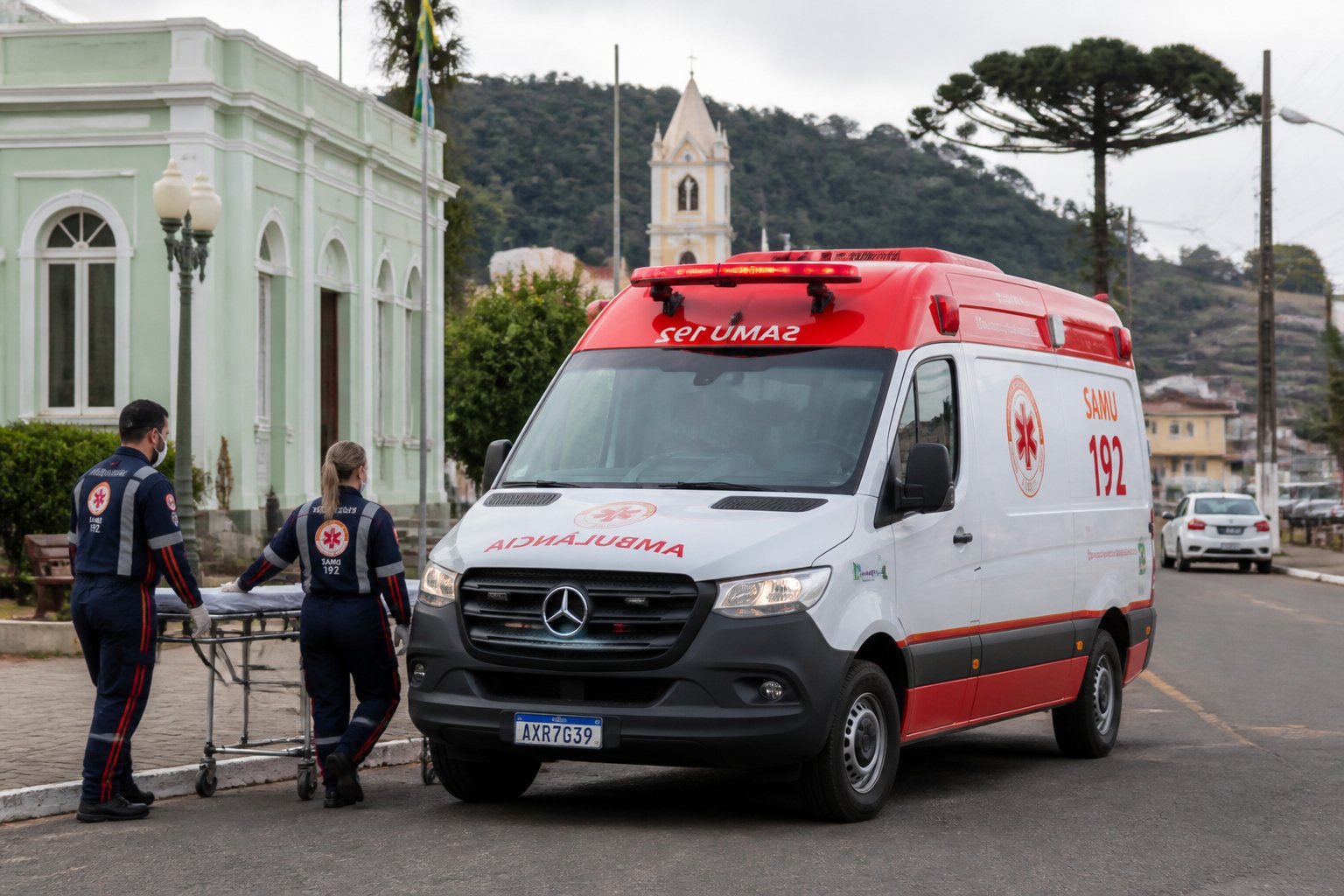 Ambulância em Teixeira Soares: Serviços de Emergência e Transporte Médico na Região Ambulância em uma rua de Teixeira Soares com profissionais de saúde próximos, pronta para atendimento de emergência.