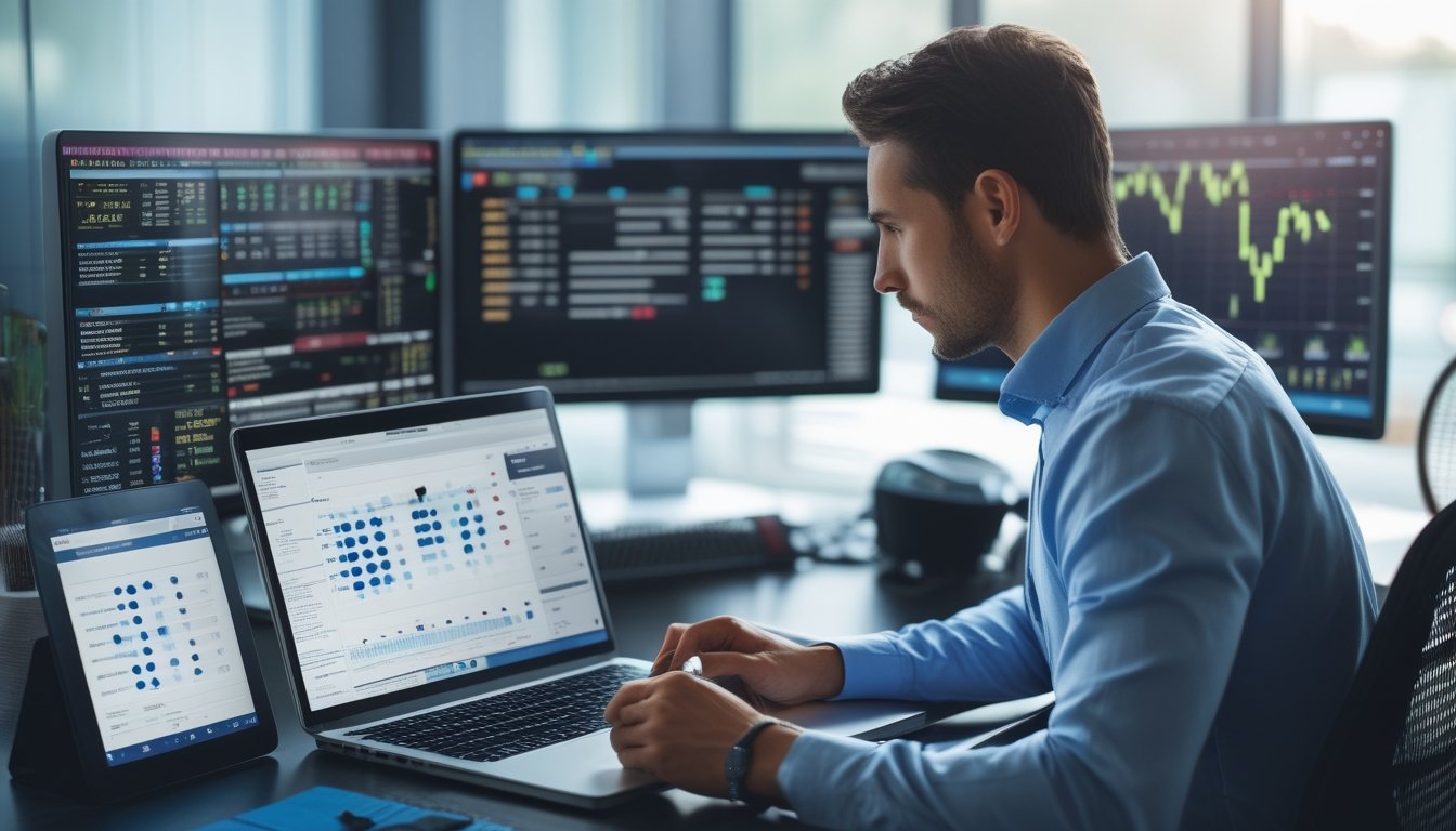 Seorang analis olahraga sedang fokus menganalisis data pertandingan tenis di depan beberapa layar komputer di ruang kerja modern.