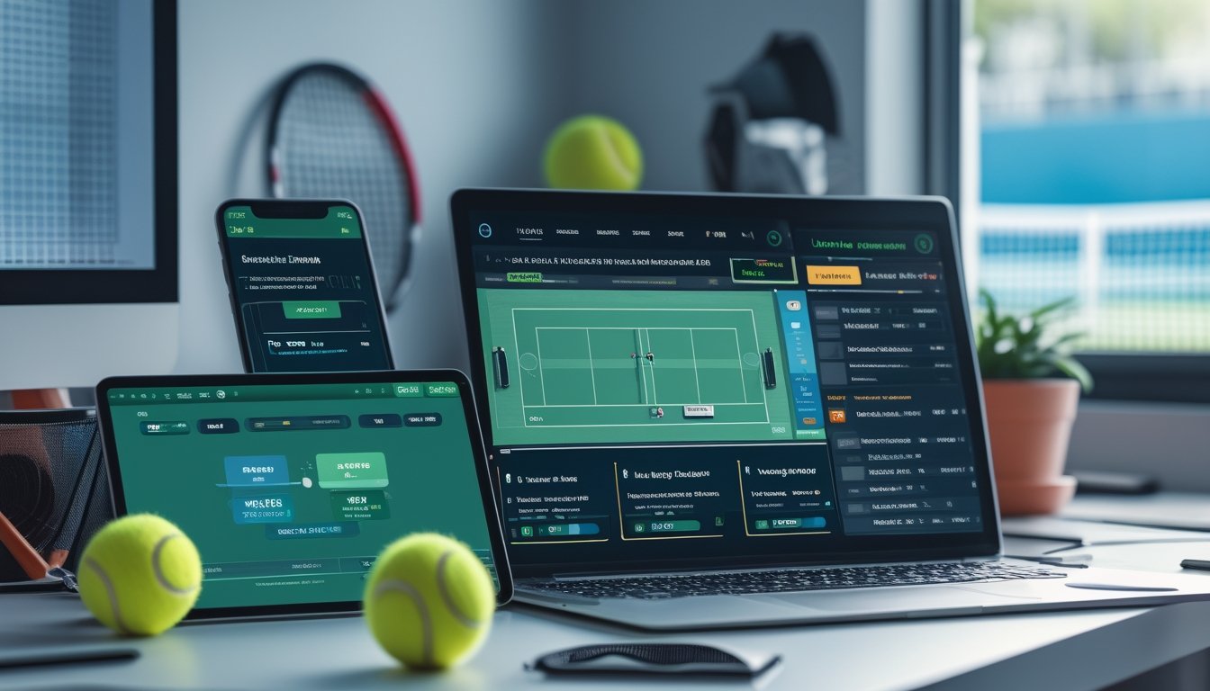 Meja kerja dengan beberapa perangkat digital yang menampilkan situs taruhan tenis online, dilengkapi dengan raket tenis dan bola tenis di latar belakang.