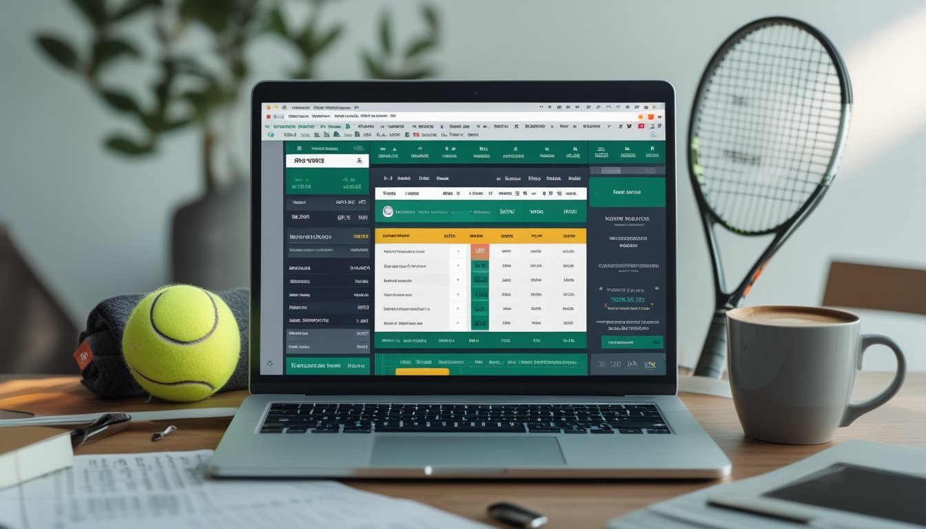 Seorang pengguna sedang melihat situs taruhan tenis online di laptop dengan bola tenis dan raket di meja.
