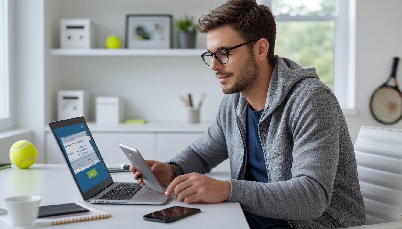 Seorang pria muda duduk di meja kerja menggunakan laptop dan ponsel untuk mendaftar di situs taruhan tenis online dengan suasana yang tenang dan profesional.