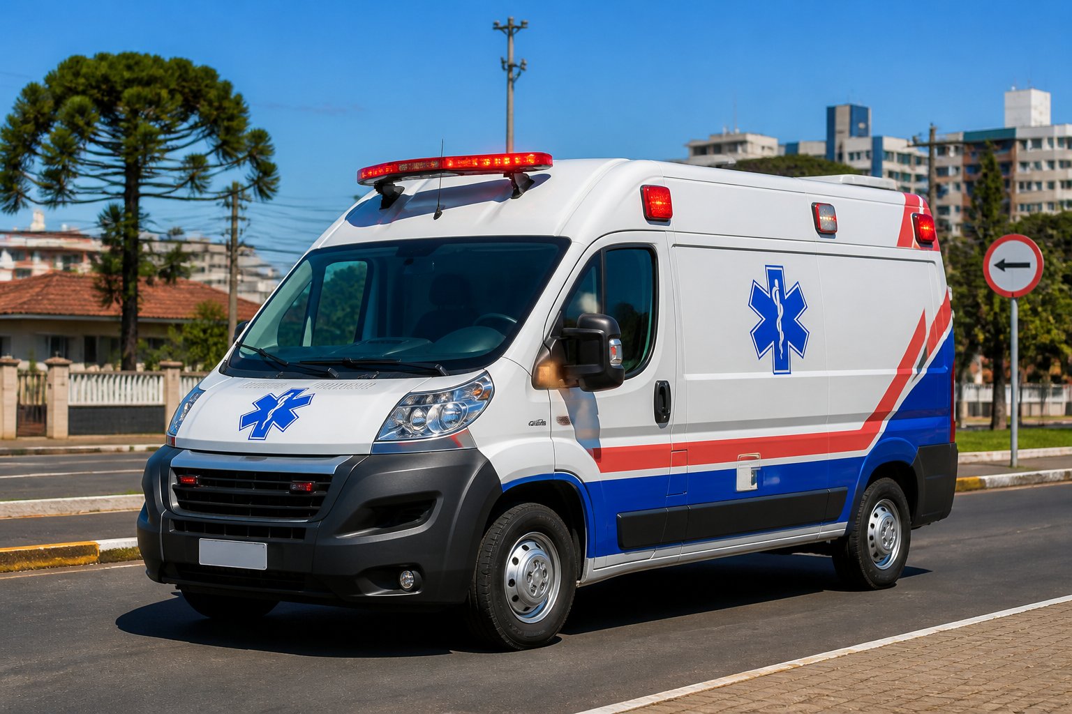 Ambulância branca estacionada em uma rua de Imbituva durante o dia, com edifícios residenciais e árvores ao fundo.