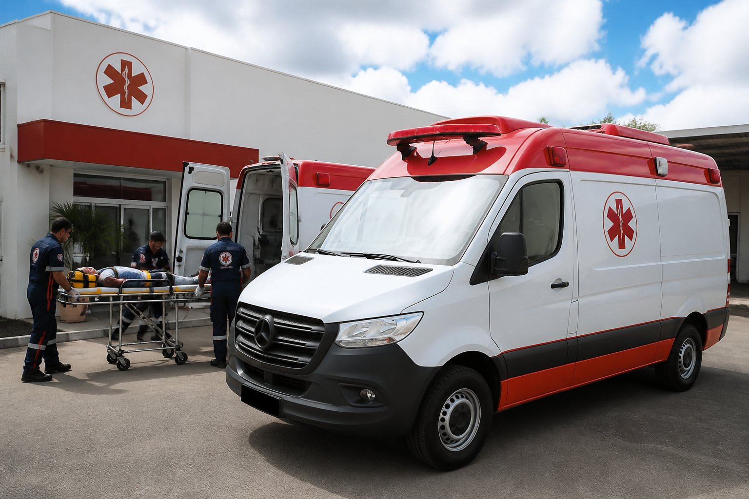 Ambulância do SAMU estacionada em frente à base local em Imbituva, com profissionais de saúde próximos e equipamentos médicos.